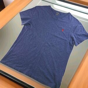 Polo Ralph Lauren Men's‎ Medium Heather Blue V-Neck T-Shirt Red Pony Logo Soft